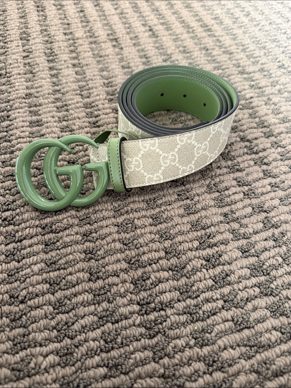 Gucci Beige GG Marmont Belt with Sage Green Double G Buckle
